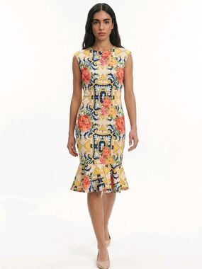 New York & Company Yellow Floral and Blue Patterned Midi Dress with Flounce Hem